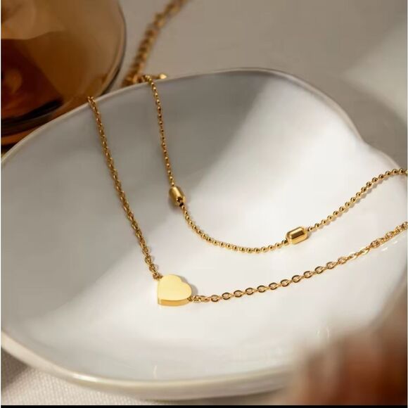 New 18k Gold Ss  Double Anklet / Bracelet Cable & Ball Chain Heart Charm Detail - Picture 6 of 7